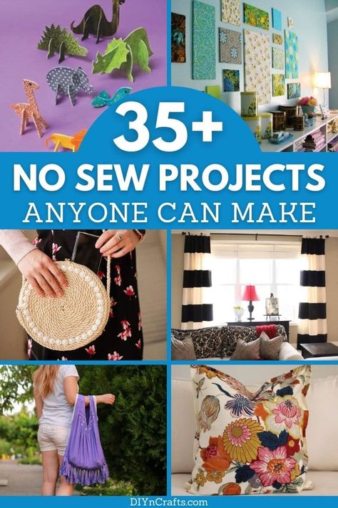 This no-sew DIY projects list has something for everyone! Easy steps and no sewing involved means making bags, pillows, and more simple! This list includes no sew hair bows, no sew bags, no sew toys, no sew curtains, and even no sew pillows! #NoSew #NoSewCrafts #EasyCrafts #NoSewProject #DIYNoSew Upcycling, Couture, No Sew Bags, No Sew Hair Bows, Syprosjekter For Nybegynnere, Diy Bags No Sew, Making Bags, Diy Fabric Crafts, Scrap Fabric Crafts