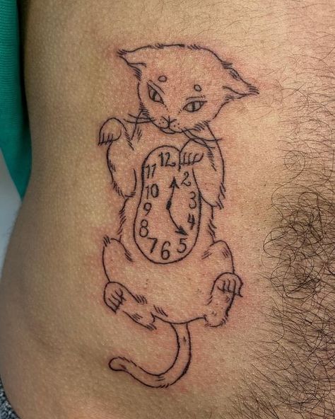 Patchwork, M And L Tattoo, Cool Cat Tattoos Men, Wierd Tattoo Design, Weird Cute Tattoos, Weird Cat Tattoo, Cat Clown Tattoo, Cat Clock Drawing, Angry Cat Tattoo