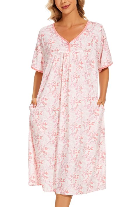 PRICES MAY VARY. night gowns for adult women is made of 35% Cotton 65%Polyester, breathable, Lightwight, Cool and Comfortable. This is a Womens nightgown for home wear and sleep, we believe it can bring you excellent comfort experience. Women's sleepwear featuring a discreet V-neck, A-line contour, short sleeves, and two pockets, features a contrast color collar and cuffs and combined with a rich print .with a beautiful pleat in the front, leaves more room for you, looks great on any body type. Night Shirts For Women, Womens Nightgown, Cotton Night Dress, Night Gowns, Cotton Nightgown, Pajama Dress, Shirts Short Sleeve, Women's Sleepwear, Night Dress For Women