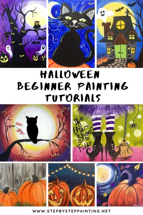 Gallery Of Halloween Paintings by Tracie Kiernan Click the image to be directed to the full online tutorial! You can also check out the Fall Gallery Here! Halloween Paint Party Canvas, Halloween Crafts Painting, Sip And Paint Ideas Halloween, Whimsical Pumpkin Paintings, Halloween How To Paint, October Paint And Sip Ideas, Halloween Acrylic Painting Tutorial, Easy Diy Halloween Paintings, Step By Step Fall Paintings On Canvas