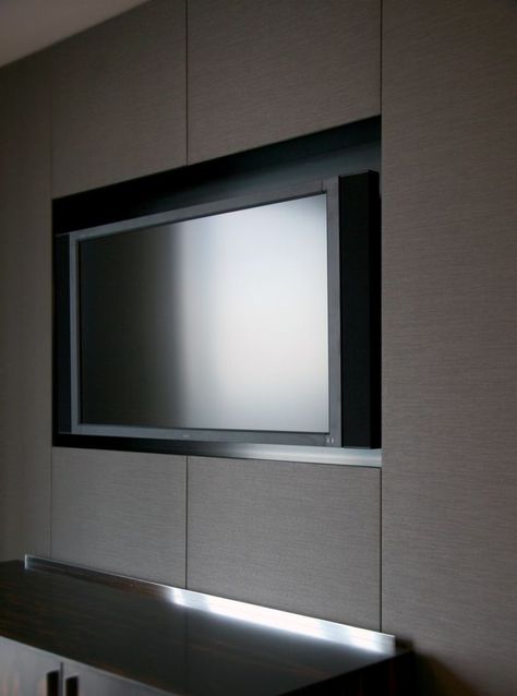 Site built fabric wall system around plasma screen. Kvadrat fabric Closet Con Tv, Tv Zone, Tv Wall Panel, Fabric Wall Panels, Buffet Tv, Tech Room, Home Theater Room Design, Theater Room Design, Tv Built In