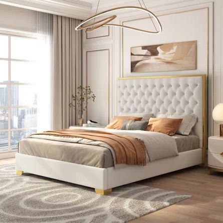 Everly Quinn Valmar Morden Tufted Upholstered Golden Platform Bed | Wayfair Wall Panels Bedroom, Grand House, Platform Bed With Headboard, Bed With Headboard, Wall Panel Design, Bed Reviews, Stylish Bedroom, Mudroom Furniture, Game Room Furniture