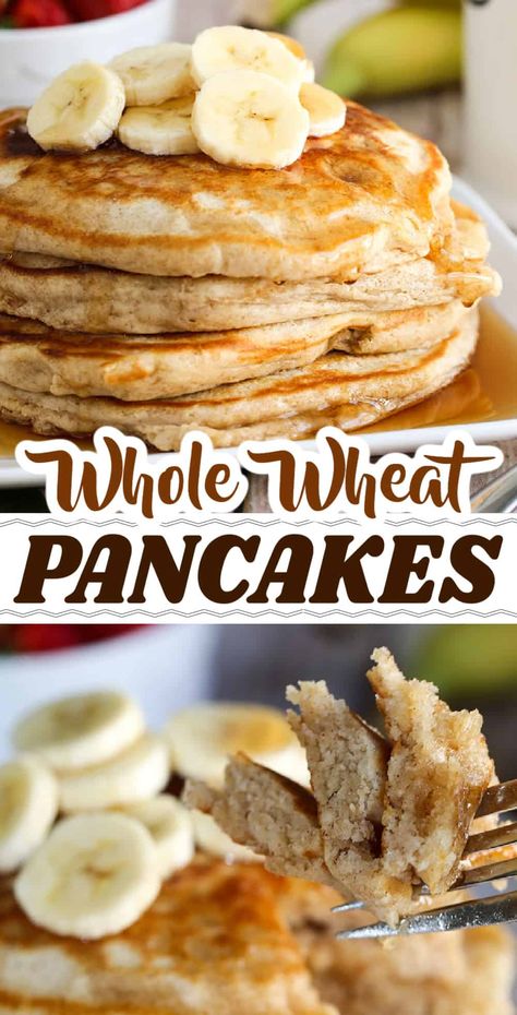 This is the best Whole Wheat Pancakes recipe - delicious and fluffy with irresistible vanilla and cinnamon. Also, it's a healthy option thanks to whole wheat flour. Trust me, you'll never make regular pancakes again Essen, Whole Wheat Flour Pancakes, Pancake Recipe Healthy, Pancake Recipe Healthy Oatmeal, Wheat Flour Pancakes, Dorm Recipes, Breakfast Cravings, Wheat Pancake Recipe, Wheat Flour Recipes