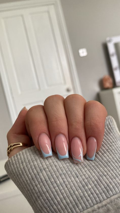 Coffin Short Nail Ideas, Colours French Tip Nails, Square Neutral Nail Designs, French Tip With Little Design, Coffin Blue Nails Acrylics, Pearly Nails Square, Nail Inspo Blue French Tip, Nails Acrylic Neutral Color, Ballerina Short Nails Designs