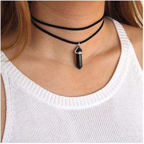 AmazonSmile: Kercisbeauty Black Wrap Velvet Choker with Black Gemstones Healing Stones Women Girls Everyday Boho Necklace Gift Her Jewelry Hippie Crystal: Clothing Collar Hippie, Black Leather Choker, Layered Choker, Unusual Necklace, Layered Choker Necklace, Gemstone Choker, Black Choker Necklace, Gemstone Pendant Necklace, Layered Chokers