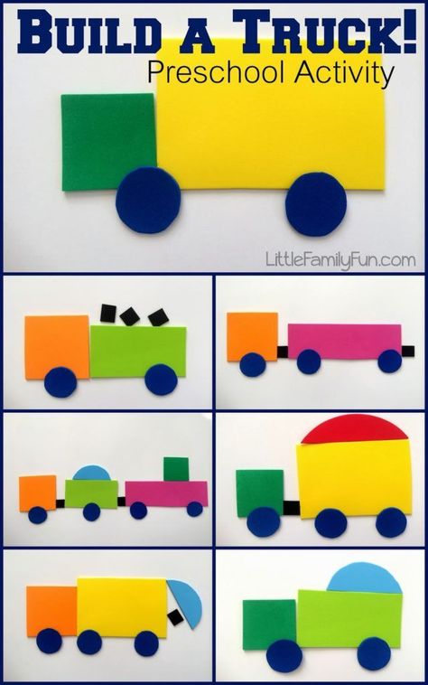 Build a shape truck, fun for transportation and construction themes in preschool and kindergarten. Compare and contrast in speech therapy too #transportationtheme  #preschool #constructiontheme Aktiviti Tadika, Permainan Kerjasama Tim, Preschool Construction, Shapes Activity, Kraftangan Prasekolah, Transportation Unit, Maluchy Montessori, Transportation Activities, Transportation Crafts