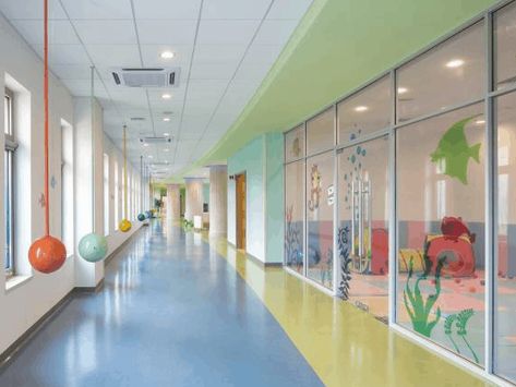 The first privately owned pediatric hospital in Beijing, the Beijing Aiyuhua Hospital for Children and Women opened its doors in December, 2014. Hospital Architecture, Children Hospital Design, Pediatric Hospital, Kindergarten Interior, Preschool Designs, Forest Beach, Daycare Design, Vinyl Windows, Kindergarten Design