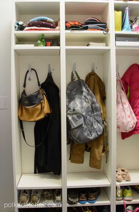 Mudroom Lockers made from IKEA Bookcases - IKEA Hack Diy Entry Way Storage, Ikea Locker, Mudroom Hack, Bookcases Ikea, Ikea Lockers, Ikea Mudroom, Ikea Mud Room, Garage Lockers, Ikea Bookcases