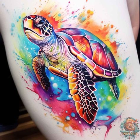 50 Sea Turtle Watercolor Tattoos: A Symbol of Strength and Beauty - inktat2.com Watercolour Turtle Tattoo, Watercolor Tattoo Turtle, Sea Turtle Tattoo Realistic Color, Tattoo Ideas Female Turtle, Sea Turtle Foot Tattoo, Dragonfly Watercolor Tattoo, Colorful Sea Turtle Tattoo, Color Turtle Tattoo, Sea Turtle Tattoos For Women