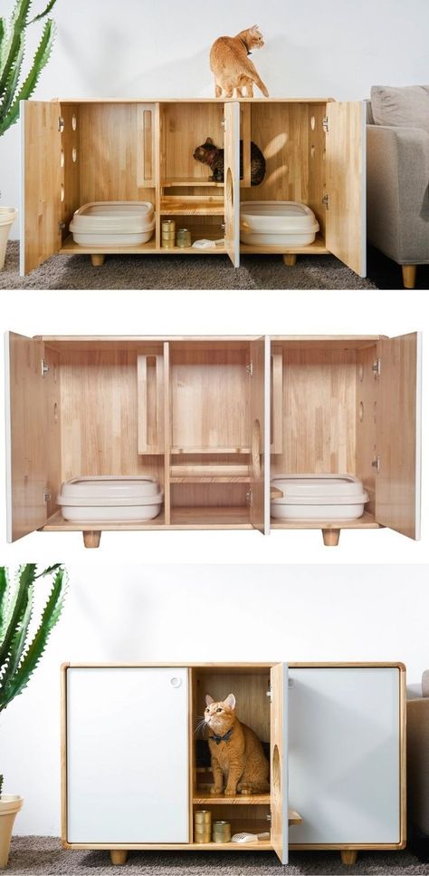 2 Litter Box Enclosure, Organisation, Indoor Litter Box Ideas, Dog Proof Litter Box Ideas Diy, Cat Cabinet Litter, Cat Toilet Furniture, Double Cat Litter Box Ideas, Cat Furniture For Small Spaces, Hidden Litter Box Furniture