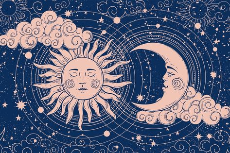 Sun, moon and rising signs: What they mean, how to find them Astrology, Alchemy, Heavenly Art, Zodiac Tarot, The Sun And Moon, Sun And Moon, The Universe, Crescent, Moon