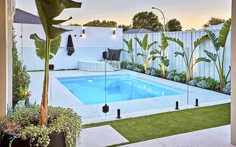 Fencing Pool Ideas, White Fence Pool Area, Modern Pool Landscaping Ideas, Mini Pools For Small Yards, Pool Designs For Small Yards, Pool Area Ideas, Pool Fencing Landscaping, Pool Fence Ideas, Pool Gazebo