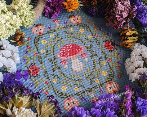 StitchSprout - Etsy UK Cottagecore Cross Stitch, Embroidery Insects, Cross Stitch Sampler Patterns, Mushroom Garden, Cottagecore Mushroom, Modern Cross Stitch Pattern, Textile Arts, Dmc Thread, Modern Cross Stitch Patterns