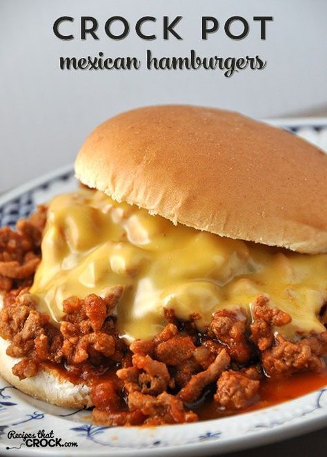 These Crock Pot Mexican Hamburgers are a delicious and easy way to beat the dinnertime blahs! Dinner Ideas Hamburger Meat, Mexican Hamburger, Healthy Hamburger Meat Recipes, Crock Pot Mexican, Hamburger Meat Recipes Easy, Hamburger In Crockpot, Hamburger Recipe, Mexican Recipe, Meat Recipes For Dinner