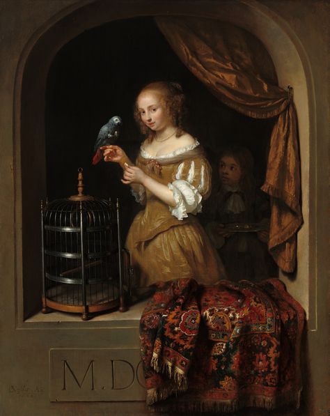 Caspar Netscher, "Woman Feeding a Parrot, with a Page" (1666), oil on panel (courtesy National Gallery of Art, Washington, the Lee and Juliet Folger Fund) Gabriel Metsu, National Gallery Of Ireland, Fashion History Timeline, Master Paintings, Dutch Golden Age, African Grey Parrot, Johannes Vermeer, Royal Academy Of Arts, African Grey