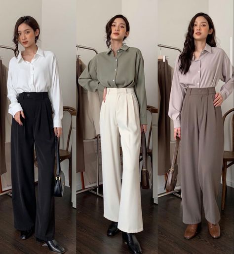 Patterned Slacks Outfit, Bridesmaid Trousers Outfit, Trousers And Blouse Outfit Classy, Formal Pants Women Outfit Ideas, Slacks Formal Women, Wide Leg Pants Outfit School, Blouse Trousers Outfit, White Heels Work Outfit, Long Dress Pants Outfits