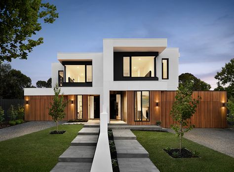 Single & Double House Storey Facades Melbourne | Modern Duplex Facade Home Facade, Double House, Dual Occupancy, Townhouse Exterior, Cedar Cladding, Modern Townhouse, Duplex Design, Townhouse Designs, Modern House Facades