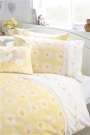 The Little Yellow Cottage on Magnolia Lane                                                                                                                                                                                 More Yellow Bedding Sets, Yellow Cottage, Yellow Bedding, Yellow Room, White Linen Bedding, Yellow Houses, Yellow Bedroom, Diy Décoration, Daisy Chain