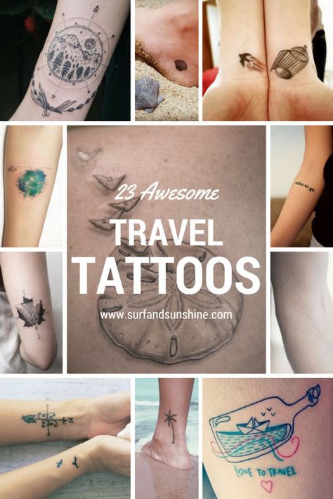 From clean and simple to completely innovative, here are 23 Inspiring #Travel #Tattoo Ideas via @jeanabeena Travel Tattoo Ideas, Travel Tattoo Small, Small Quote Tattoos, Theme Tattoo, Small Tattoos With Meaning, Tattoos Geometric, Small Quotes, Tattoo Traditional, Tattoos Skull