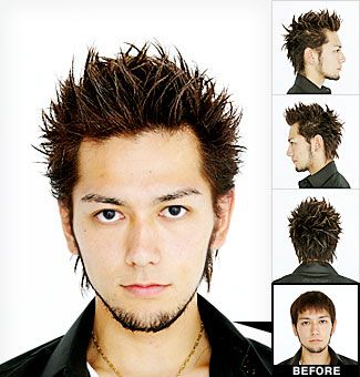 If I could draw, the main male character of my manga would be styled like this. Spiky Male Hairstyle, Asian Spiky Hair Men, Spiked Hair Men, Punk Spikes Hair, Punk Hair Men, Asian Mullet, Spikey Hair, Spikey Short Hair, Mullet Hair