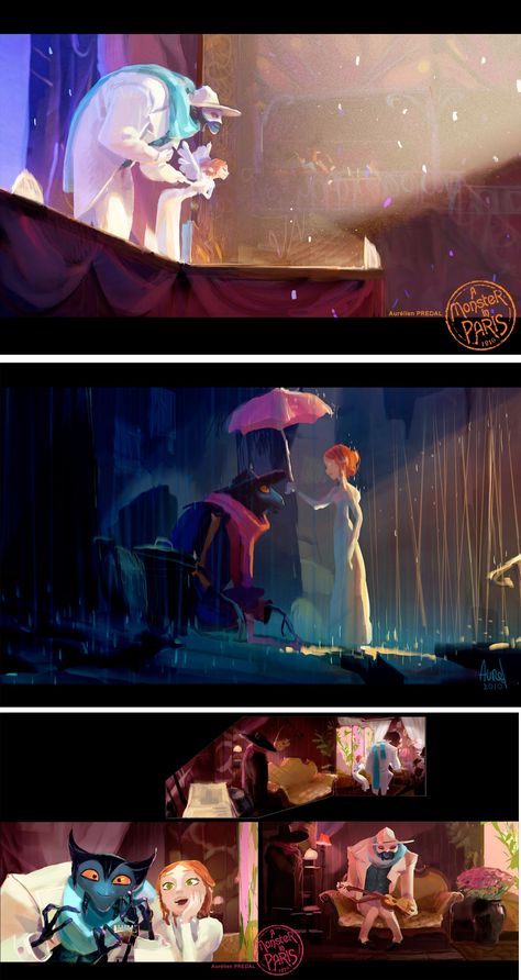 . A Monster In Paris Concept Art, Monster In Paris Concept Art, Concept Art For Movies, Colour Keys Animation, Key Art Illustration, Film Concept Art, Color Keys Concept Art, Color Script Visual Development, Color Key Concept Art