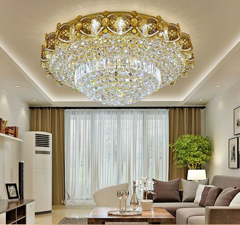 Chandelier Flush Mount, Chandelier Flush, Round Living Room, Gold Ceiling Light, Cheap Chandelier, Gold Ceiling, Crystal Ceiling Light, Chandelier Lighting Fixtures, Led Ceiling Lamp