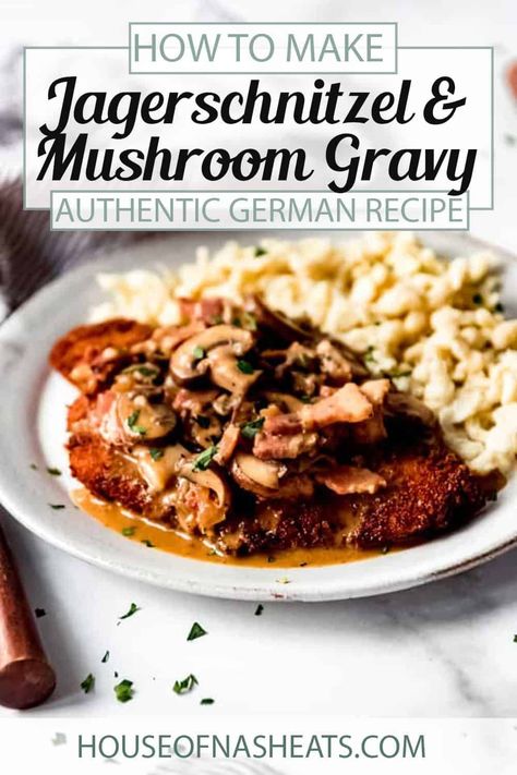 Pork Schnitzel with bacon mushroom gravy is an easy 30-minute weeknight dinner that is a family favorite! The pan-fried pork chops are crisp and golden on the outside, but tender enough to cut with a fork. This easy German jägerschnitzel recipe is perfect with mashed potatoes, egg noodles, späetzle, or rice and a veggie on the side. | jagerschnitzel recipe authentic | german pork schnitzel mushroom gravy | pork schnitzel with mushroom gravy | pork schnitzel recipe germany mushroom gravy Jagerschnitzel Recipe, German Dinner Recipes, Jaegerschnitzel Recipe, German Recipes Dinner, German Meals, Pork Schnitzel Recipe, German Dinner, German Schnitzel, German Food Authentic