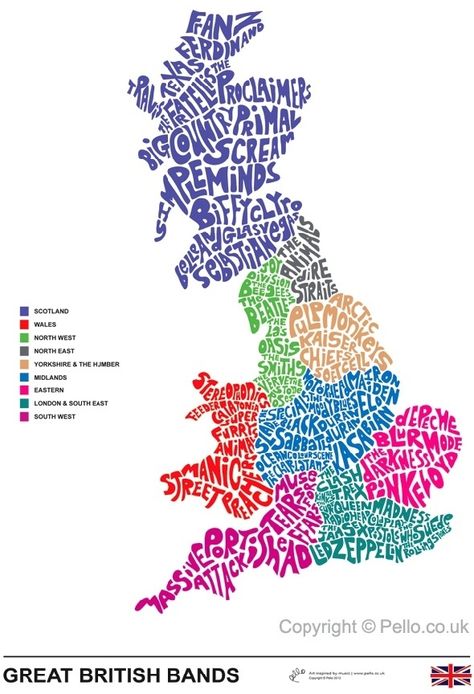 Map Of Great British Bands (Just found out the Smiths are originally from Manchester. Am disappoint.) British Bands, Map Of Great Britain, Map Of Britain, Guitar Acoustic, London Artist, British Music, Pochette Album, Trip Hop, Plakat Design