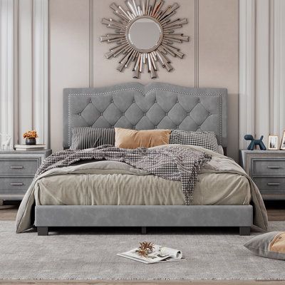 Features: Mattress Size (Size: Queen): QueenMattress Size (Size: Full): Full / DoubleColor (Color: Beige): BeigeColor (Color: Gray): GrayColor (Color: Pink): PinkBed Design: StandardBed Frame Material: Metal; Solid + Manufactured WoodMetal Finish Application: Wood And Upholstered: Wooden Components: YesUpholstered: YesUpholstery Material Details: Upholstery Material: VelvetUpholstery Material Performance Brand: Upholstery Material Texture: Upholstery Material Characteristic: Upholstery Fill Mate Full Size Upholstered Bed, Velvet Platform Bed, Modern Upholstered Beds, Headboard Shapes, Trundle Mattress, Velvet Headboard, Tv Beds, Queen Mattress Size, Velvet Bed