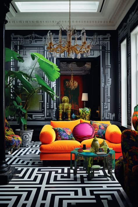 Moody Eclectic Maximalism, Black Walls Bright Decor, Black And White Maximalist Living Room, Maximalist Black And White, Black Walls With Colorful Decor, Black Maximalist Living Room, Maximalist Decor Black And White, Marigold Living Room, Black And White With Pops Of Color