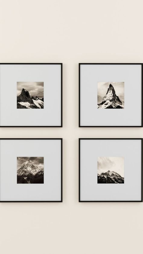 LOVE these black gallery wall frames – so simple and pretty. Black White Frames On Wall, 4 Piece Gallery Wall, Gallery Wall Square Frames, Square Gallery Wall Frames, 16x16 Frame Gallery Wall, Black And White Gallery Wall Photographs, Black Frames Gallery Wall, Square Frame Gallery Wall, Black Picture Frames On Wall