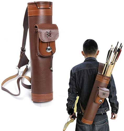 Amazon.com : TOPARCHERY Traditional Shoulder Back Quiver Bow Leather Arrow Holder with Large Pouch Handmade Straps Belt Bag Brown : Sports & Outdoors Arrow Holder, Back Quiver, Traditional Recurve Bow, Recurve Bow Hunting, Archery Quiver, Bow Archery, Leather Quiver, Bow And Arrow Set, Arrow Quiver