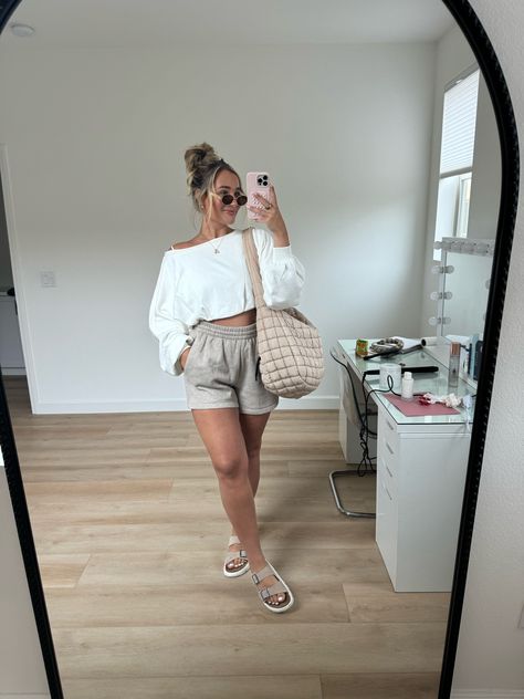 Crop It Like It's Hot curated on LTK Easy Everyday Outfits Simple, Grey Bike Shorts Outfit, Cute And Comfy Summer Outfits, Natural Summer Outfits, Hot Summer Office Outfit, Summer Cozy Outfit, Free People Inspired Outfits, Summer Outfit With Hat, Cozy Outfit Summer