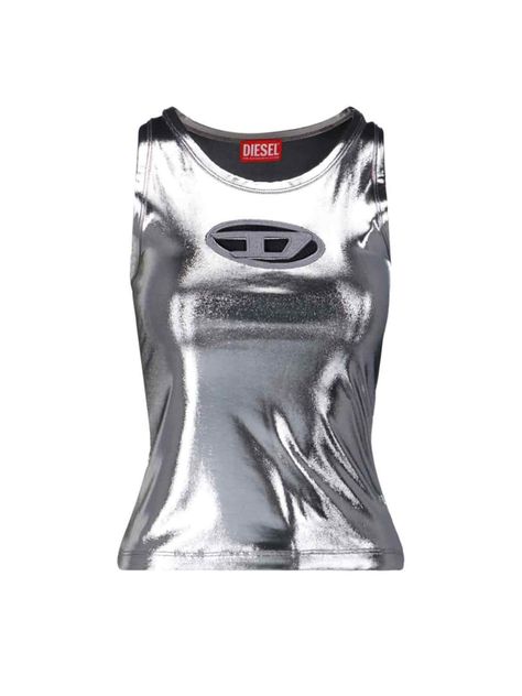 Diesel 'T-Lynys' top in metallic fabric with round neckline, sleeveless, tone-on-tone metal logo on the front, straight hem. composition: 96% polyester, 4% elastanesize and fit: slim | Diesel Women's Top t-lynys in Silver | SS24