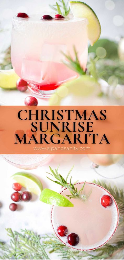 When a margarita meets a tequila sunrise in a cranberry bog, you get the best cranberry margarita to celebrate the season! If you've ever made homemade cranberry sauce, or mixed up a margarita at home, you totally got this. Make just one or a whole pitcher for holiday entertaining. Mocktail instructions included, too. Make the Christmas Sunrise Margarita your signature cocktail this holiday season! Diy Popcorn Bar, Holiday Margaritas, Cranberry Simple Syrup, Cocktail Christmas, Christmas Drinks Recipes, Cranberry Margarita, Cranberry Bog, Peach Margarita, White Cranberry Juice