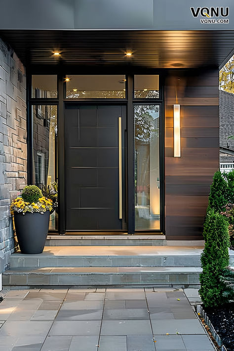 A modern front door with a sleek black design, complemented by elegant lighting and stylish planters on either side. The entrance showcases a contemporary look with clean lines and a sophisticated aesthetic. Contemporary House Entrance Door, Front Door Long Handle, Steel Front Door Entrance Modern, Black Doors Front Entrance, Modern Industrial Front Door, Black Matte Front Door, Beautiful Front Doors Curb Appeal, Black Front Door With Sidelights Modern, Double Modern Front Doors