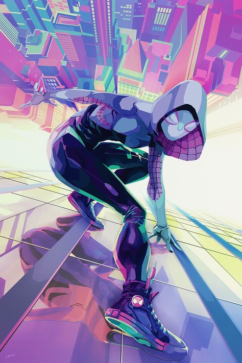 Spider Man Art Style, Miles Morales Drawings Of Gwen, Into The Spider Verse Art Style, Perched Pose Reference, How To Draw Like Spiderverse, Spider Gwen Fan Art, Spider Man Into The Spider Verse Art, Into The Spiderverse Style, Spiderverse Style Art