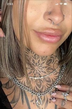 Women’s Side Neck Tattoo, Women’s Front Neck Tattoo, Women’s Neck And Chest Tattoo, Whole Neck Tattoos Women, Big Back Of Neck Tattoo, Neck Tattoo Feminine, Mandala Forehead Tattoo, Geometric Throat Tattoo For Women, Mandala Tattoo On Neck