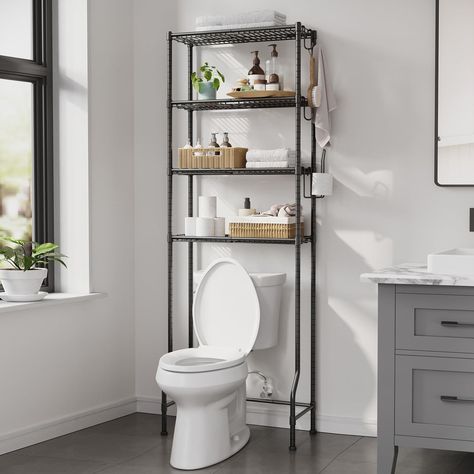 Featuring 4 adjustable shelves, this bathroom storage shelf is perfect for storing items of varying heights, from shampoo bottles to towels, catering to your unique storage needs。 over-the-toilet rack comes with a roll holder and 4 convenient hooks, providing a designated spot for your toilet paper and smaller items, enhancing the functionality of your bathroom space Finish: Black Over The Toilet Rack, Toilet Rack, Bathroom Shelf Organization, Over The Toilet Storage, Metal Storage Shelves, Space Saving Bathroom, Toilet Shelves, Metal Storage Racks, Tidy Bathroom