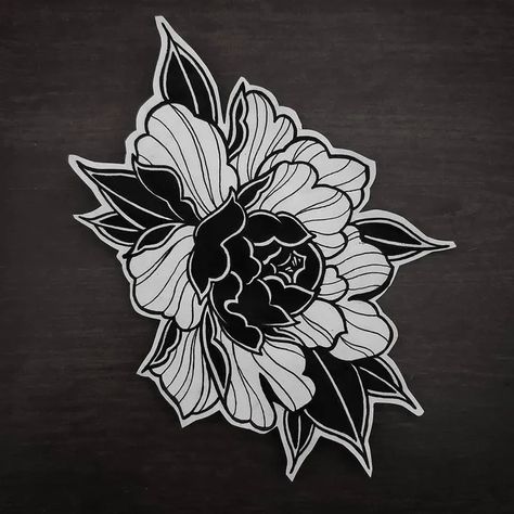 Traditional Black Peony Tattoo, Dark Black Flower Tattoo, Orientalism Flower Tattoo, Gothic Peony Tattoo, Peony Tattoo Japanese Traditional, Americana Flower Tattoo, Black Japanese Flower Tattoo, Black Peony Tattoo Design, Traditional Flower Neck Tattoo