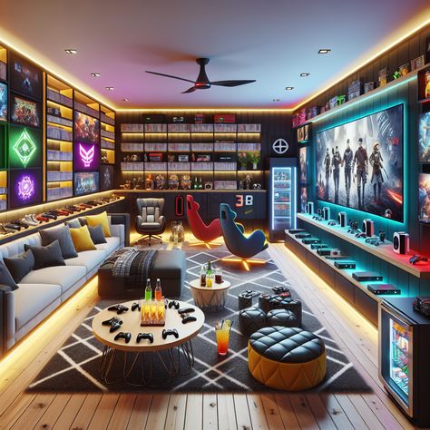 A dream man cave for gamers featuring high-tech consoles, big-screen TV, neon lights, gaming chairs, posters, state-of-the-art sound system, snack fridge and cozy socializing area. A sleek, vibrant haven for gaming enthusiasts. #ManCave #GameRoom #GamingSetup #TechInteriors #GamerLifestyle #HomeDecor Celestial Ceiling, Teen Game Rooms, Modern Man Cave, Games Room Inspiration, Gaming Lounge, Man Cave Games, Game Posters, Man Cave Design, Man Cave Furniture