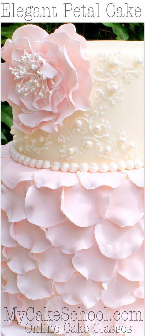 Elegant Fondant Petal Cake with Flower & Scrollwork! Member Cake Decorating Video Tutorial by MyCakeSchool.com Online Cake Decorating Classes! #cakesdecorating Sugar Paste Flowers, Brave Cakes, Petal Cake, Novelty Birthday Cakes, Cake Classes, Cake Decorating Classes, Decorating Videos, Magic Cake, Gum Paste Flowers