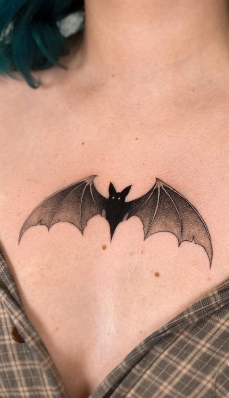 100+ Trendy Bat Tattoos, Designs & Meanings - Tattoo Me Now Mini Matching Halloween Tattoos, Bat Tattoo Gothic Small, Bat Clavicle Tattoo, Dracula Bat Tattoo, Dark And Spooky Tattoos, Bat Tattoo Matching, Halloween Shoulder Tattoos For Women, Halloween Chest Tattoos For Women, Halloween Tattoo Women