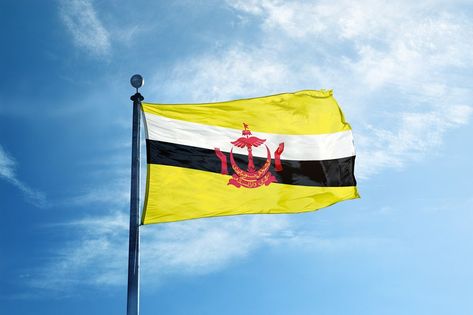 Brunei Darussalam flag on the mast Bendera Brunei, Bendera Brunei Darussalam, Brunei Aesthetic, Royal Brunei Airlines, Brunei Flag, Blue Sky Photography, Government Website, Long Books, Low Angle