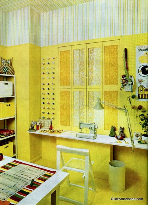 Retro Sewing Room, Before After Bedroom, 1940s Interior Design, Modern Bathroom Fixtures, Sewing Room Makeover, Vintage Tv Shows, 1940s Interior, Valance Patterns, Bedroom Makeovers