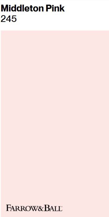 Farrow & Ball Middleton Pink paint color swatch. #middletonpink #pinkpaintcolors Middleton Pink Bedroom, Farrow And Ball Pink Paint, Middleton Pink Farrow And Ball, Pink Paint Colors For Girls Room, Colors For Front Doors, Pink Farrow And Ball, Pink Wall Paint, Wall Painting Colors, Pink Paint Color