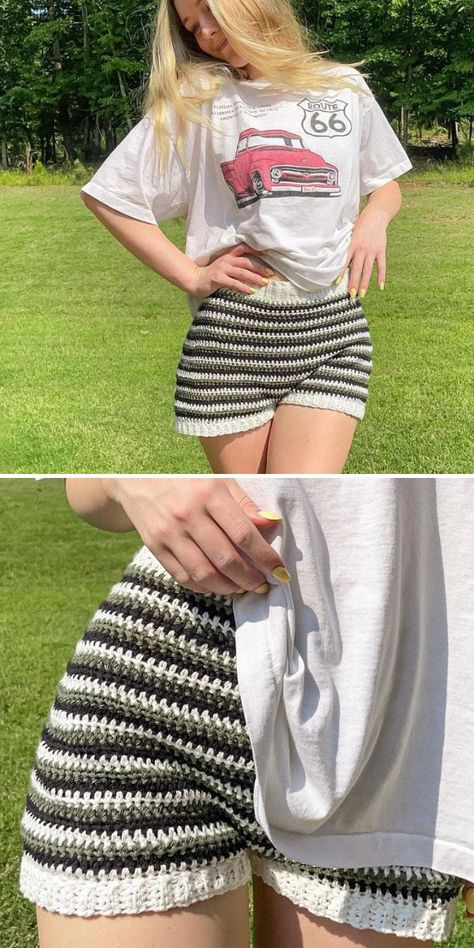 Crochet Striped Shorts Free Pattern Crochet Shorts Pattern, Crochet Bottoms, Crochet Skirt Pattern, Mode Crochet, Crochet Short, Crochet Design Pattern, Crochet Tops Free Patterns, Crochet Shorts, Crochet Summer Tops