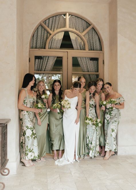 Mismatched Green Bridesmaid Dresses, Mixed Bridesmaid Dresses, Mix Match Bridesmaids Dresses, Sage Bridesmaid Dresses, Sage Green Bridesmaid Dress, Floral Bridesmaid Dresses, Bridesmaid Colors, Sage Wedding, Mismatched Bridesmaids