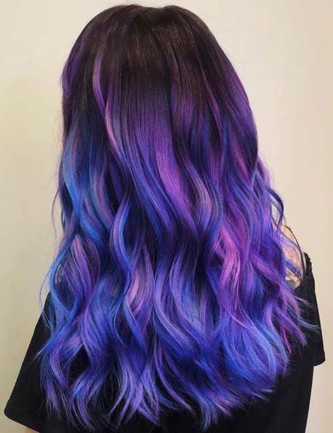 34 Stunning Blue and Purple Hair Colors Purple And Blue Hair, Purple Hair Streaks, Galaxy Hair Color, Purple Hair Highlights, Purple Ombre Hair, Galaxy Hair, Cute Hair Colors, Creative Hair Color, Hair Color Streaks