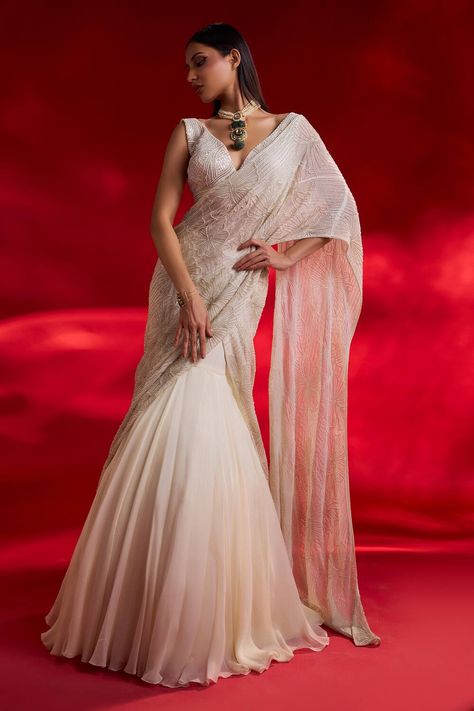 Ivory pre-draped organza lehenga saree Lehenga Saree Bridal, Pearl Embroidery Lehenga, Latest Saree Trends 2024, White Bridal Saree, Pearl Lehenga, Draped Lehenga, Choli Style, Ivory Saree, Drape Lehenga